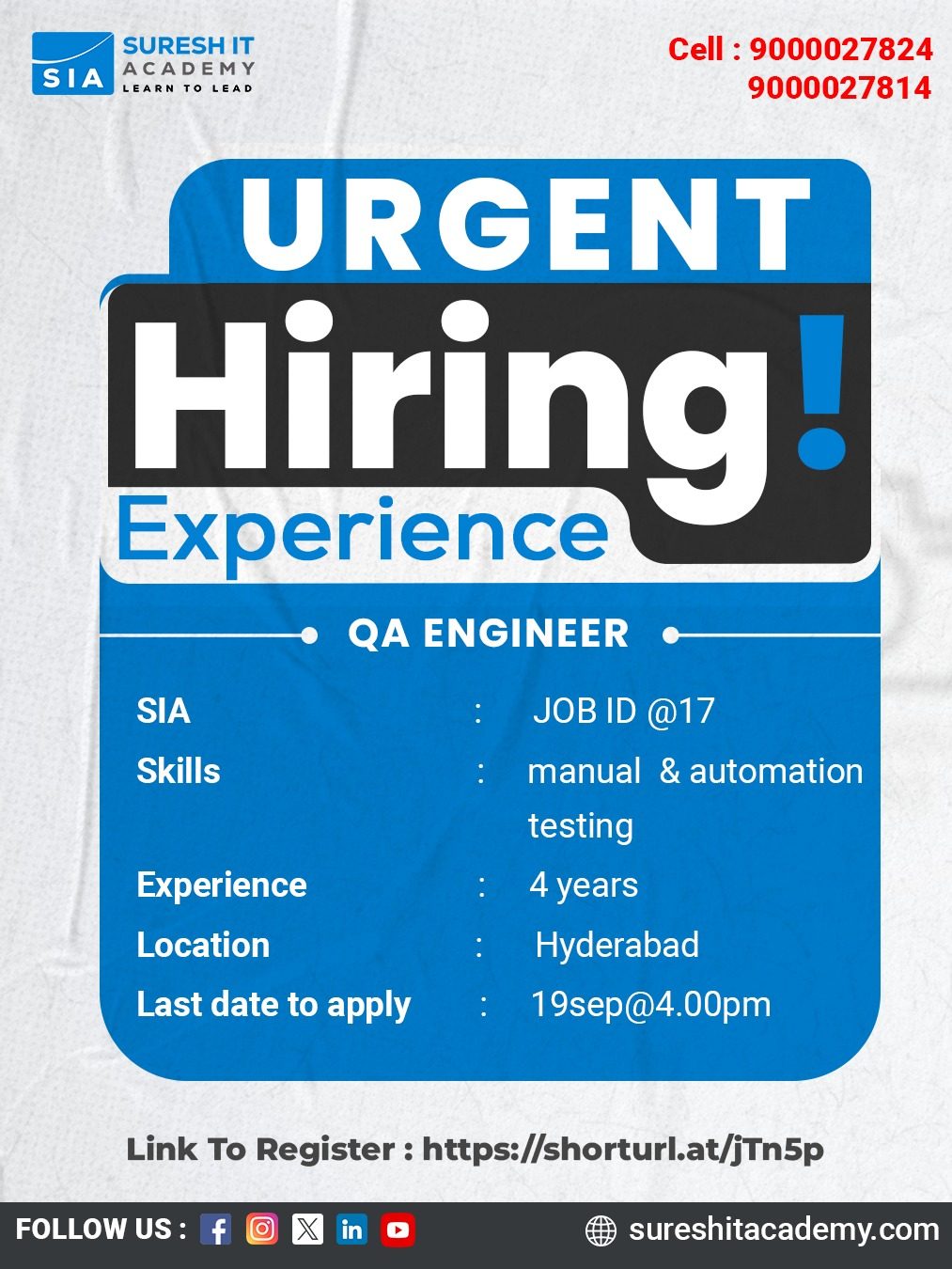 Urgent Hiring Alert! Apply now and don't lose this wonderful opportunity.