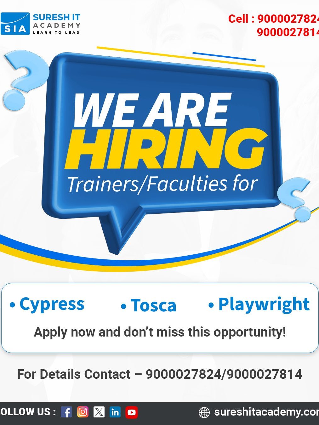 We’re hiring Trainers- Faculties for Cypress, Playwright, and Tosca at Suresh IT Academy! Become